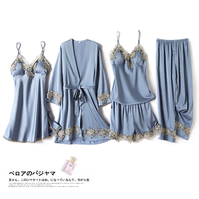 Spring and summer pajamas, women's sexy thin ice silk five-piece set, long-sleeved nightgown, straps, chest pad, nightdress, autumn outerwear, home clothes