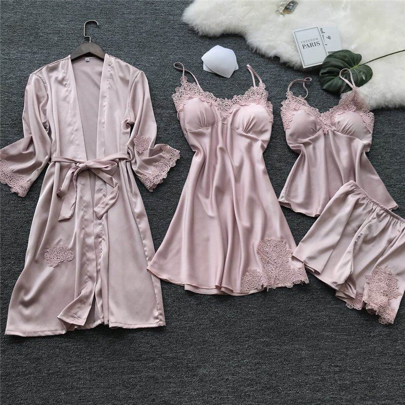 Spring and summer pajamas women's four-piece sexy ice silk suspenders nightdress nightgown with chest pad silk home clothes can be worn outside