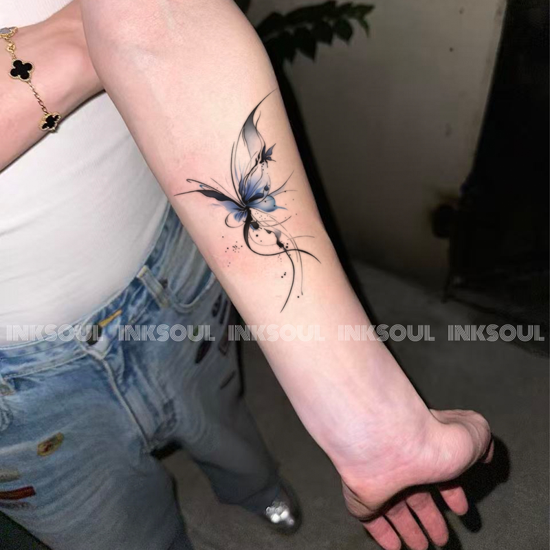 Green Mist Ink Butterfly |   Popular Blue Fairy Butterfly Dreamy Color Tattoo Sticker for Instagram Arm Photo Shoot, Pure and Desirable, Washable.