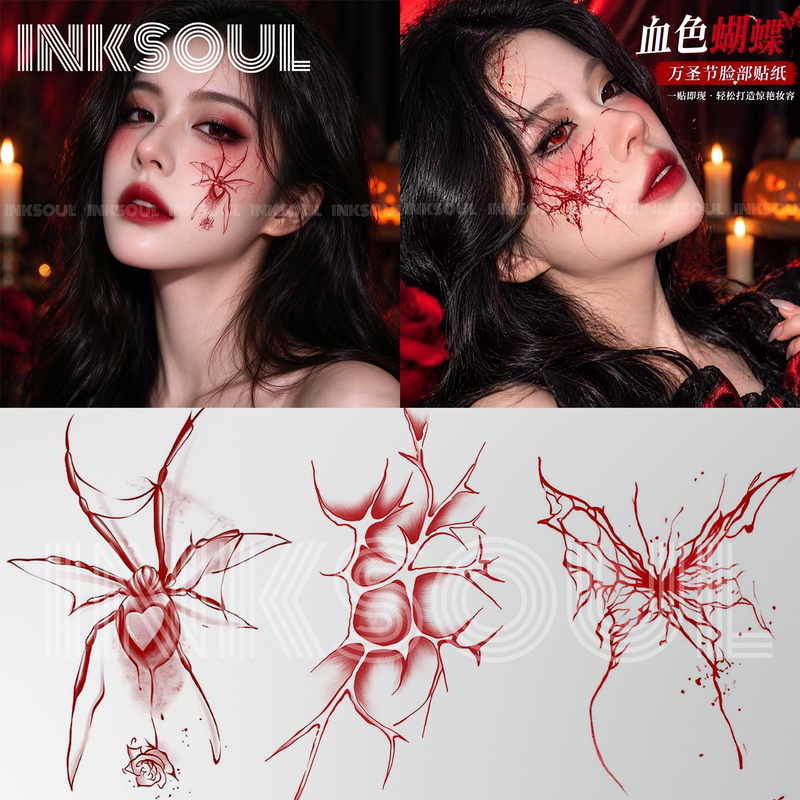Inksoul Cracked Halloween Blood Butterfly Tattoo Sticker Spider Heart Blood Vessel Realistic Wound Waterproof Dark Style