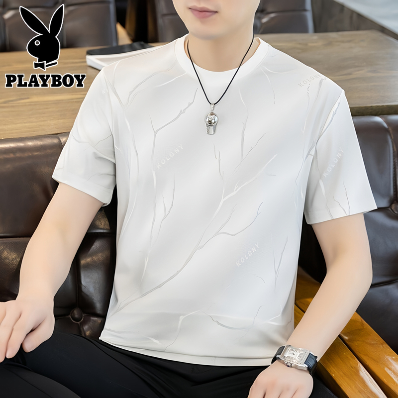 Playboy Mulberry Silk Short-Sleeved T-Shirt for Men, New Summer Round-Neck T-Shirt, Ice Silk Cool-Feeling Half-Sleeve Top Playboy Mulberry Silk Short-Sleeved T-Shirt for Men, New Summer Round-Neck T-Shirt, Ice Silk Cool-Feeling Half-Sleeve Top