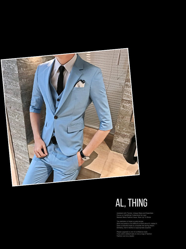 Mùa hè phiên bản Hàn Quốc của tay áo phù hợp với bộ đồ ba mảnh Slim tay áo bảy điểm nam phù hợp với nhỏ phù hợp với váy cưới nhà tạo mẫu tóc vest nam đẹp