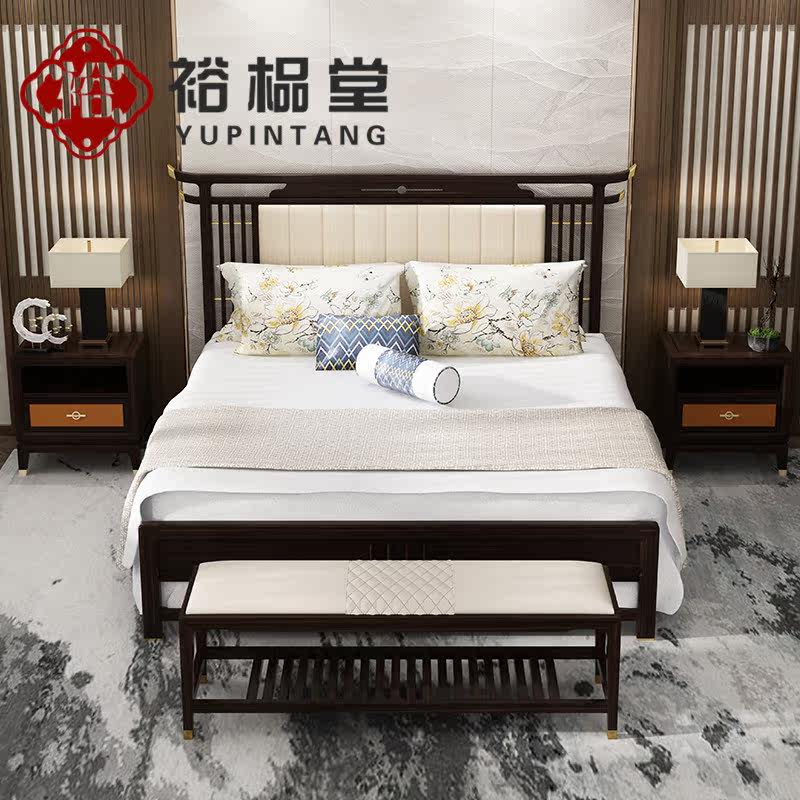 New Chinese style all solid wood leather solid wood bed luxury master bedroom double bed ebony wood wedding bed with bedside table furniture