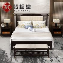 New Chinese full solid wood genuine leather solid wood bed extravagant master bedroom with double large bed Ukim wood wedding bed with bed head cabinet furniture