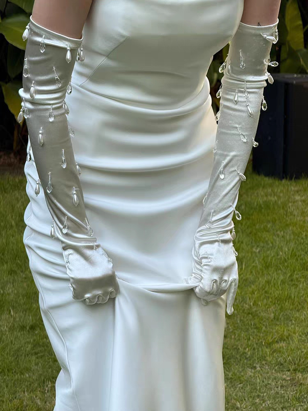 Bridal Wedding Gloves Satin Long Style Hand-Beaded Tassel High-End Dress Gloves White