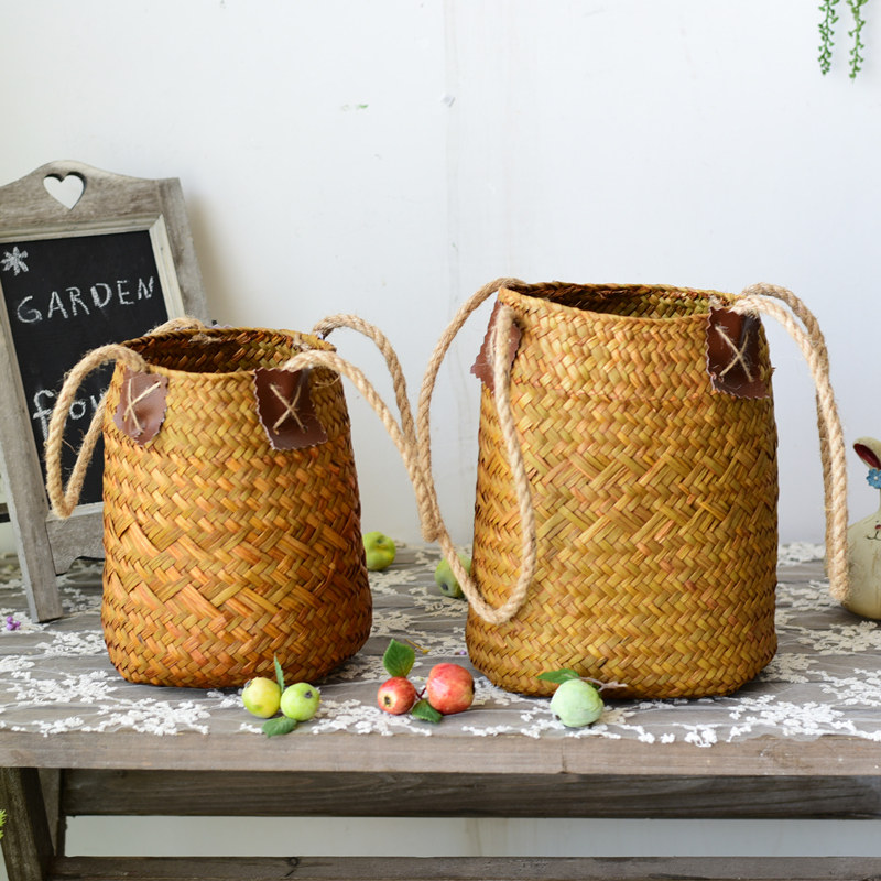 Nordic seaweed woven flower basket home living room piano leaf flowerpot decoration flower basket rattan hand-held straw flowerpot home