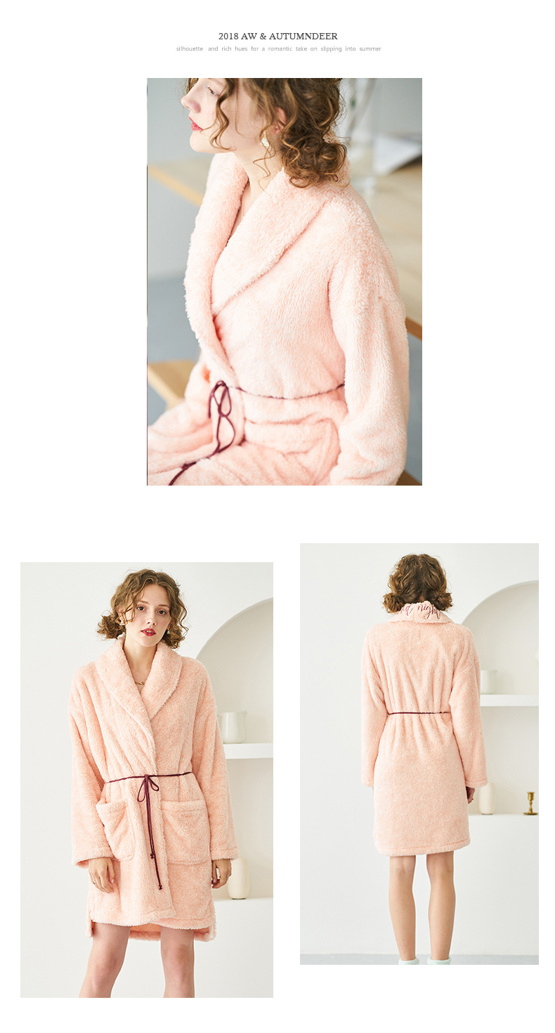 Mùa thu hươu mới màu rắn ve áo dày flannel phụ nữ áo choàng thanh lịch mùa đông đơn giản áo choàng lông cừu san hô áo ngủ