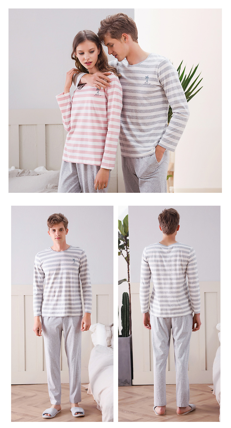 Mùa thu hươu 2018 mùa xuân và mùa hè các cặp vợ chồng cotton đồ ngủ vòng cổ áo thun sọc nam giới và phụ nữ dịch vụ nhà dài tay cotton phù hợp với shop đồ đôi nam nữ