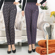 Winter quality middle-aged and elderly womens camel velvet flower pants high-waisted elderly warm cotton pants plus velvet mother trousers