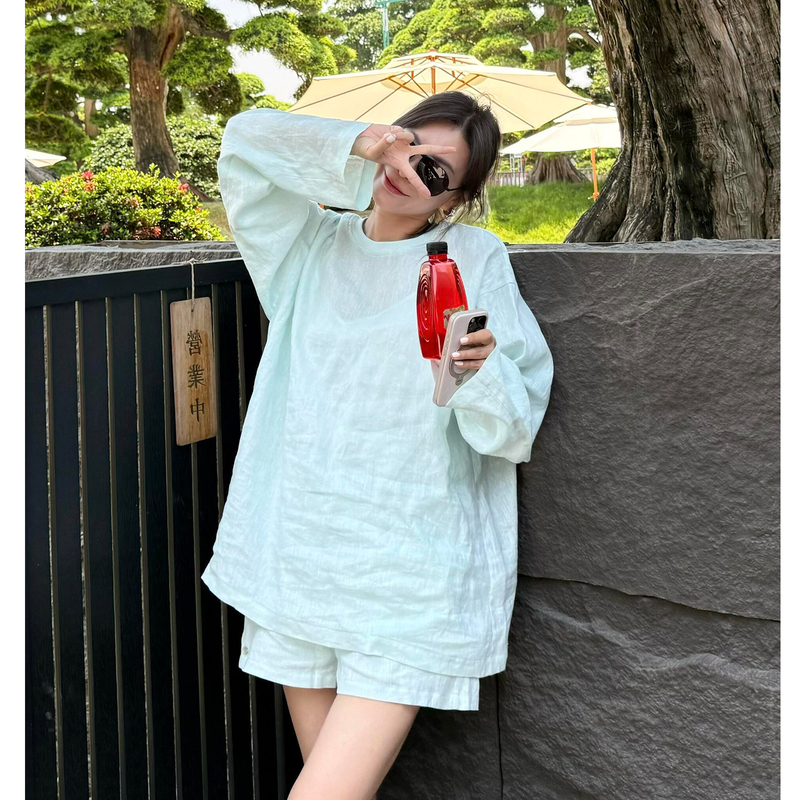 Trendy and Unique High-End Women's New Set: Lazy Mint Green Linen Shirt and Shorts Two-Piece Set Trendy and Unique High-End Women's New Set: Lazy Mint Green Linen Shirt and Shorts Two-Piece Set