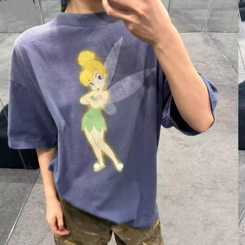 Saint Mxxxxxx 26Ss Disney Little Elf Letter Short Sleeve T-Shirt Jennie Same Style Casual Loose Fit