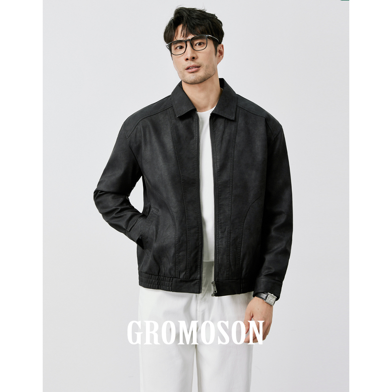 American Casual Men's Black Leather Jacket with Lapels, Autumn High-End Slim Fit, Cool Biker Pu Leather Coat for Men