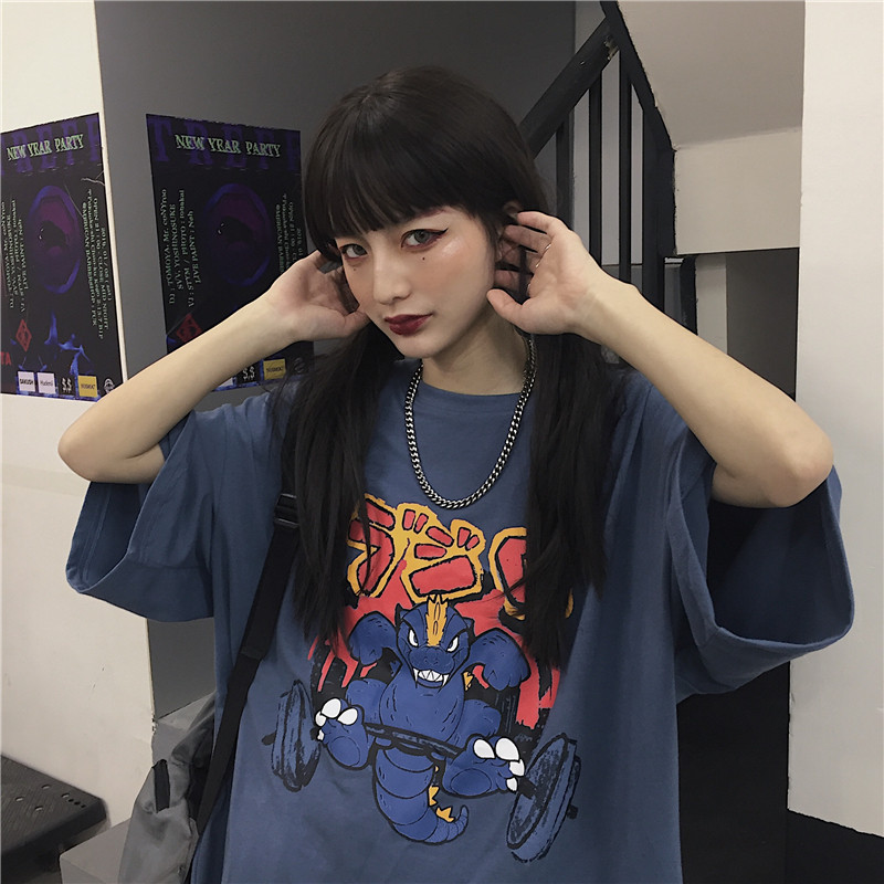 2021 summer new Korean version Harajuku style cartoon printing dinosaur loose short-sleeved T-shirt top men and women ins tide
