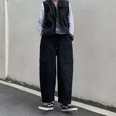 2021 spring new Japanese large pocket overalls, high waist, thin casual nine-point pants, student men and women ins tide