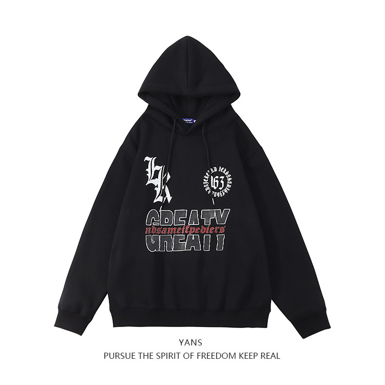 YANS American retro street tide brand Gothic letter printing loose hooded sweater couple plus fleece hoodie ins
