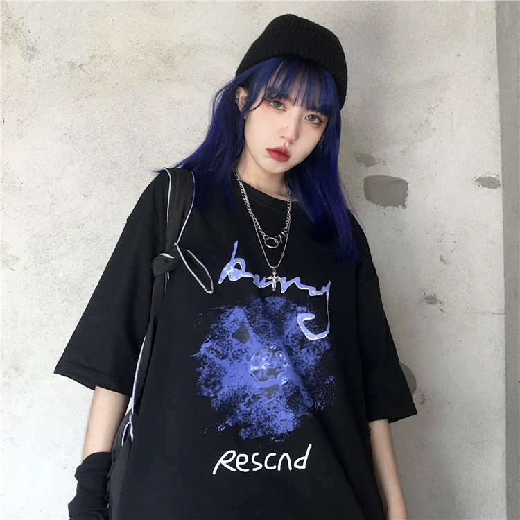 2021 summer new Korean version of Harajuku wind dark black letter printing loose short-sleeved T-shirt students and men ins tide