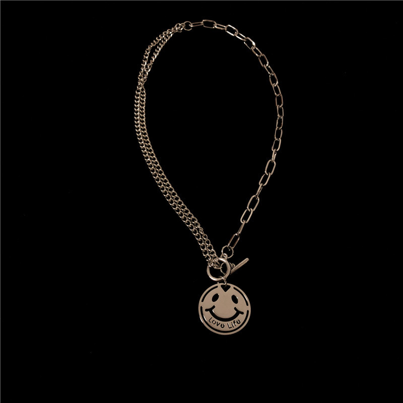 2021 new ins tide hip hop cartoon letter smiley face pendant men and women with the same titanium steel necklace OT chain clavicle chain