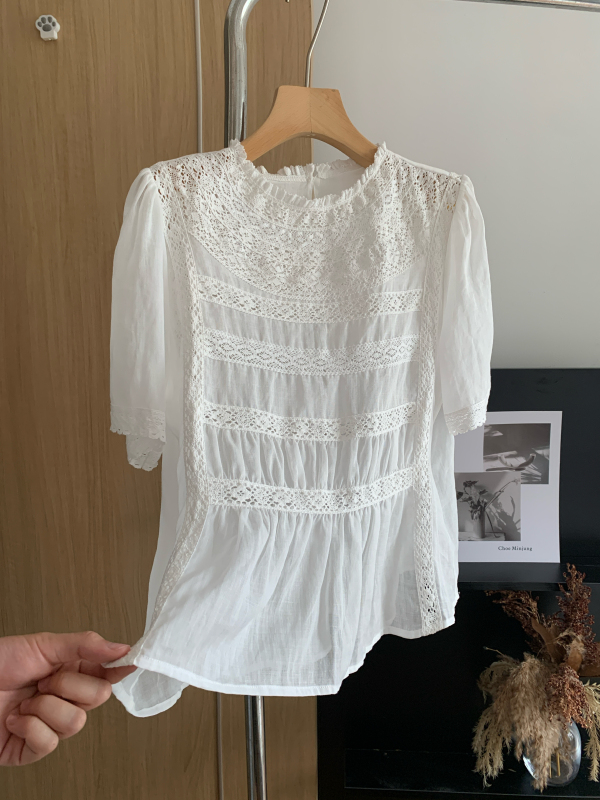 In Stock: Misty Moon Ramie New Style 100% Ultra-Fine Ramie Top with Heavy Craftsmanship, Multiple Lace and Ruched Detail for Women