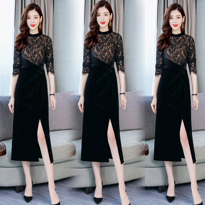 Long-sleeved gold velvet dress women's 2022 early autumn new noble foreign style high-end temperament ladies skirt spring and autumn