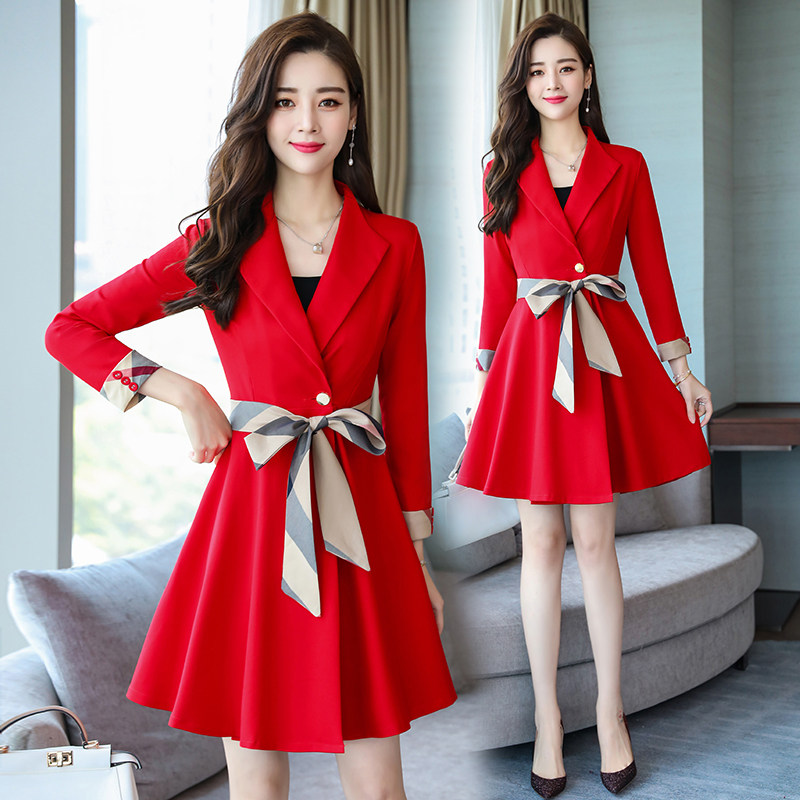 Windbreaker dress 2023 early spring new women's shirt long skirt waist thin temperament skirt spring and autumn
