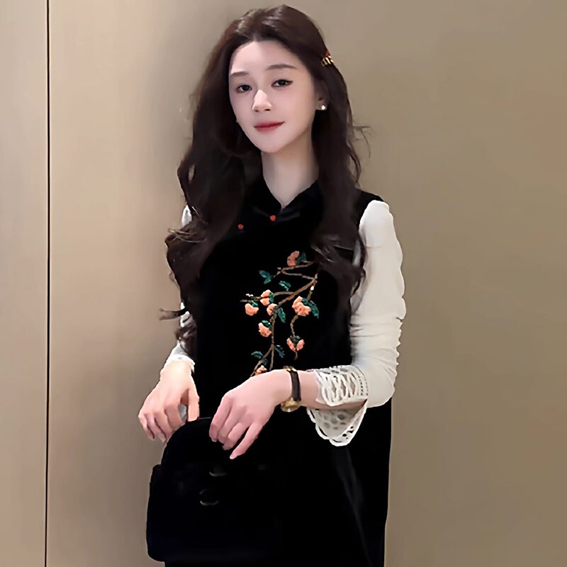 New Chinese-Style Layered Velvet Vest for Women 2026 New Mid-Length Beaded Sleeveless Top Vest Trendy