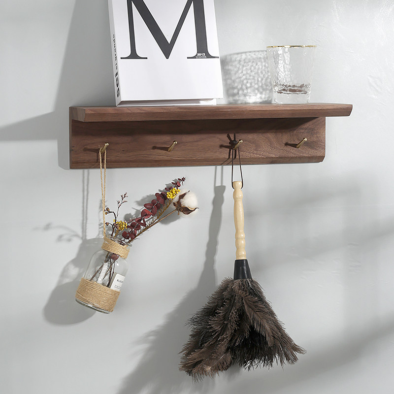 Solid wooden shelf coat hat hook Nordic style entryway black walnut log word partition shelf wall wall hanging hook