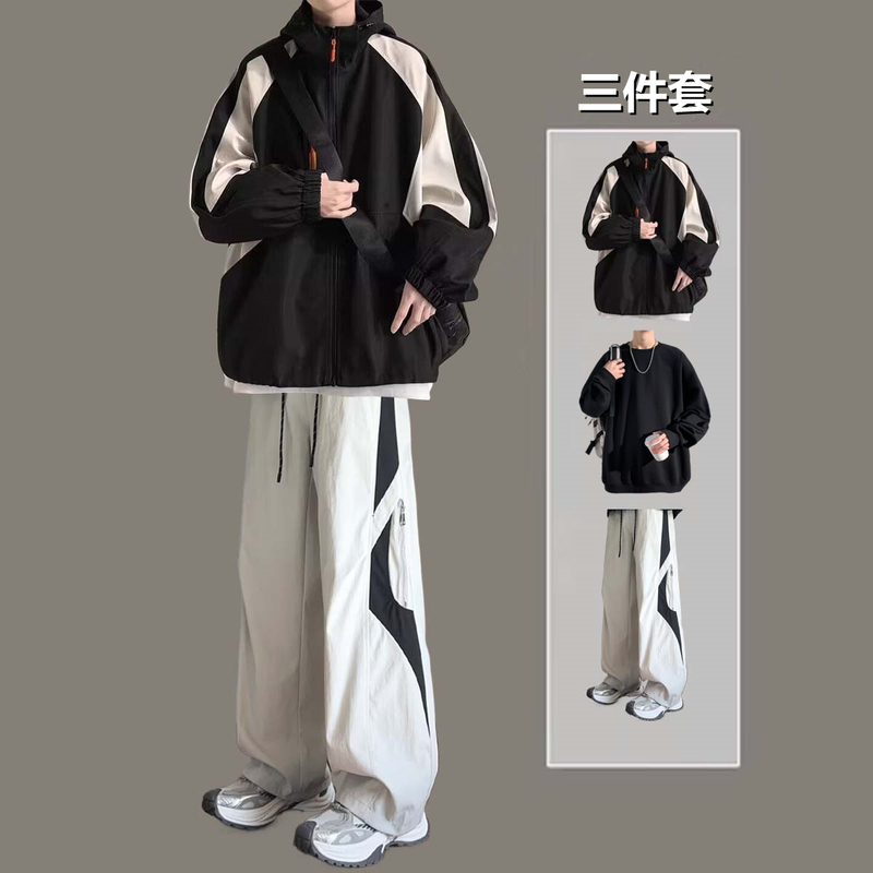 Color-Blocked Jacket Set for Men, Spring and Autumn Workwear Jacket, Loose and Stylish Men's Jacket, High Street Style Set