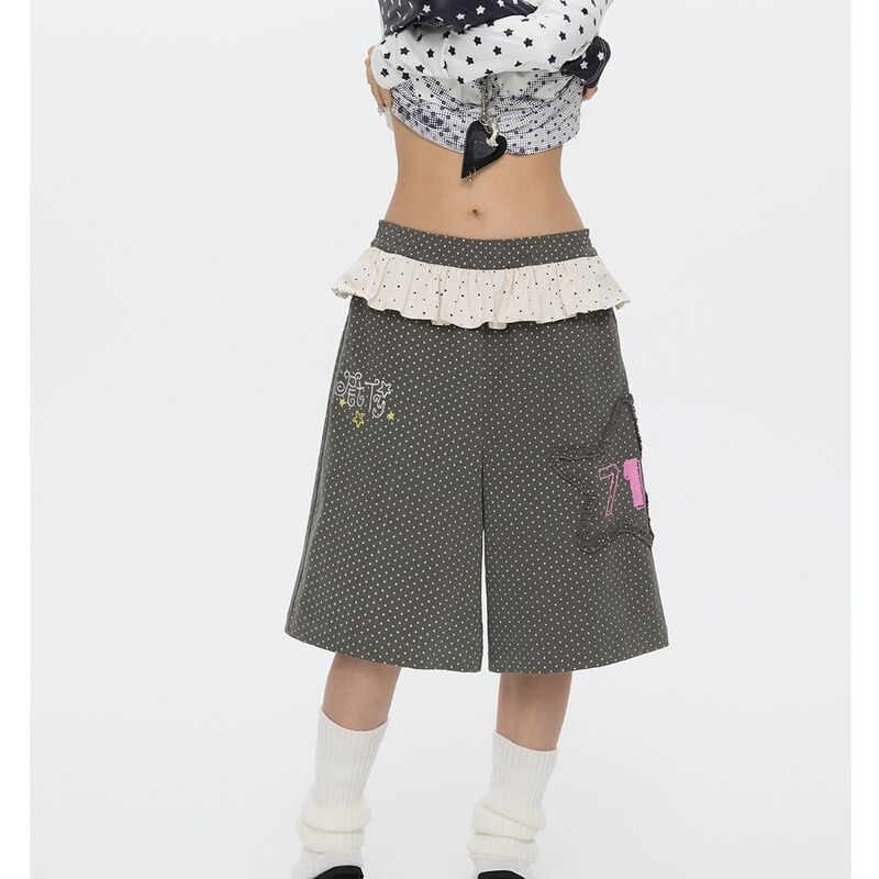 Japanese Subculture Punk Rock Music Symbol Print Polka Dot Capri Pants Vintage Y2K Millennial Sweet Spicy Girl A-Line Pants
