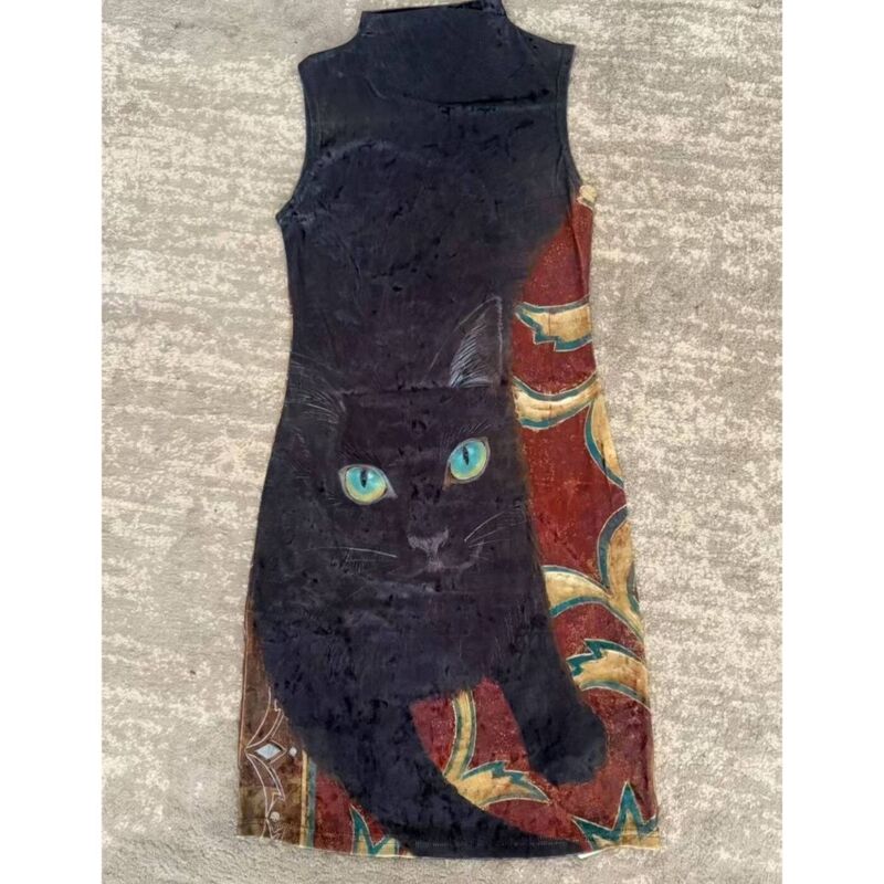 New Chinese-Style Retro Oil Painting Style Black Cat Mesh Sleeveless Dress for Women, Summer Slimming Waist-Cinching Elegant and Unique Niche Design New Chinese-Style Retro Oil Painting Style Black Cat Mesh Sleeveless Dress for Women, Summer Slimming Waist-Cinching Elegant and Unique Niche Design