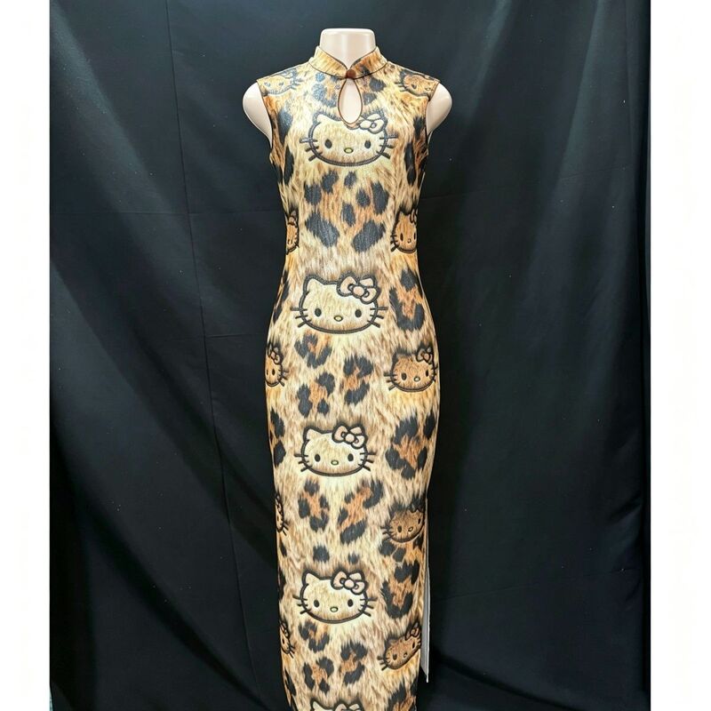 Millennial Y2K Retro Leopard Print Hello Kitty Print Modified Cheongsam Water Drop Collar Sleeveless Slit Bodycon Dress Chinese Style