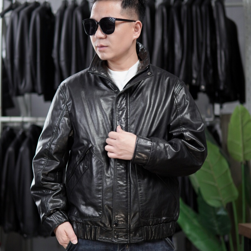 Haining Genuine Leather Jacket for Men with Goose down Lining, Detachable Mink Fur Collar, Stylish, Casual, Loose, Comfortable, Versatile and Trendy