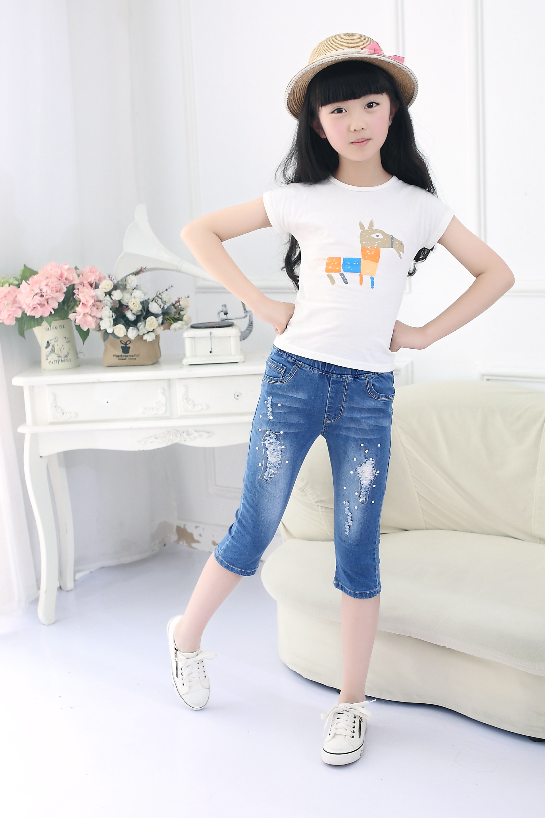 Cô gái cắt quần mùa hè phần mỏng quần jeans Hàn Quốc quần trẻ em mặc quần trong quần short trẻ em lớn trẻ em