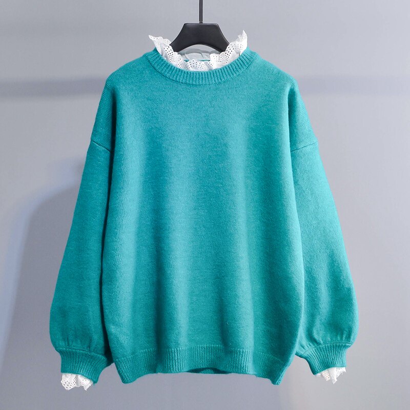 Small fresh and sweet stitching fake two-piece pullover sweater women's 2022 autumn and winter new lace knitted sweater top