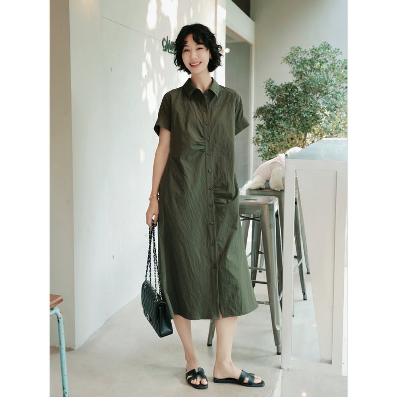 Tt Designer [Dark Green Elegance] Niche Stand Collar Short Sleeve Shirt Dress Petite Elegant Loose Long Dress