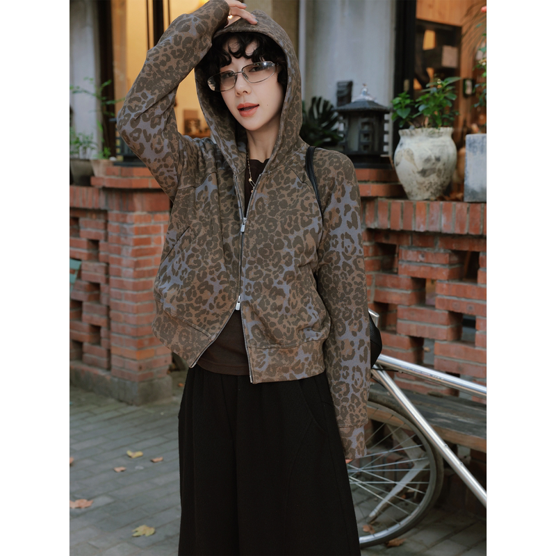 Tt Designer [Leopard Print Project] Pure Cotton Spray-Painted Leopard Print Hooded Sweatshirt for Women, Autumn Color-Block Zipper Casual Jacket