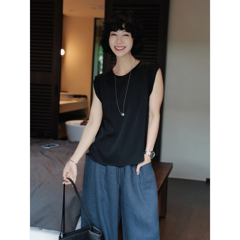 Tt Designer [Cloud Veil Shadow] High-End Satin Silk Flutter Sleeve Tank Top, Elegant and Versatile for Work, Slimming Top
