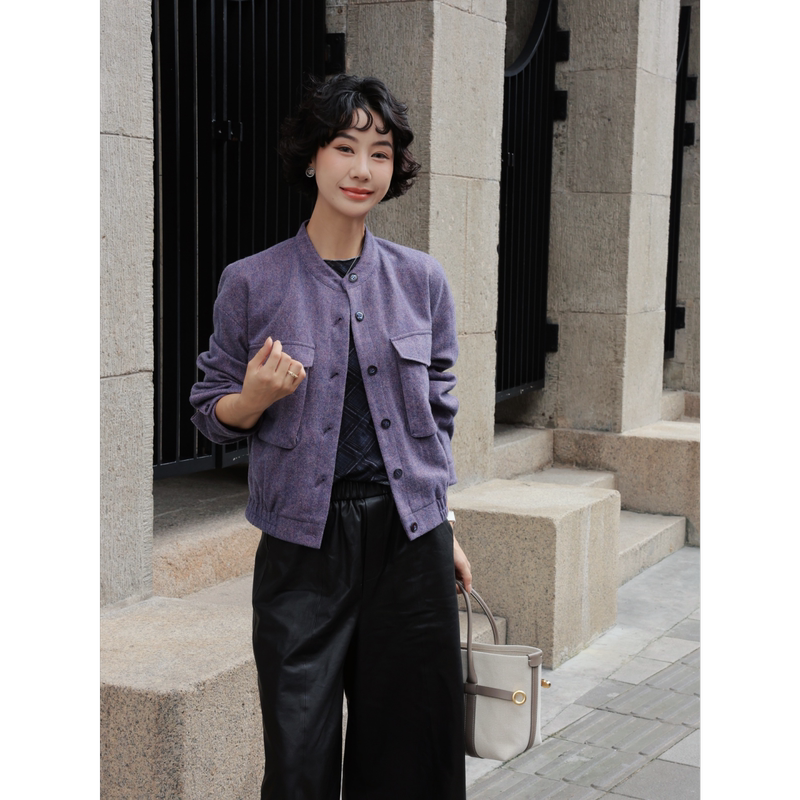 Tt Designer [Cold Mist Wisteria] 330g Pure Wool Floral Yarn Workwear Jacket for Women New Korean Style Purple Jacket