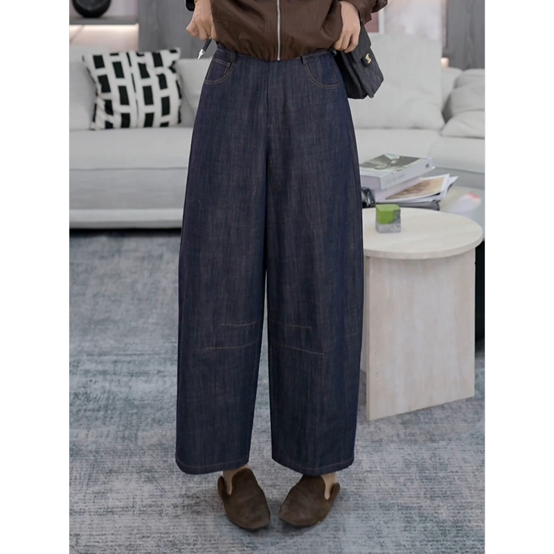 Tt Designer [Evening Chant] Cotton and Linen Blend Washed Jeans for Women, Autumn Navy Blue High-Waisted Straight Pants