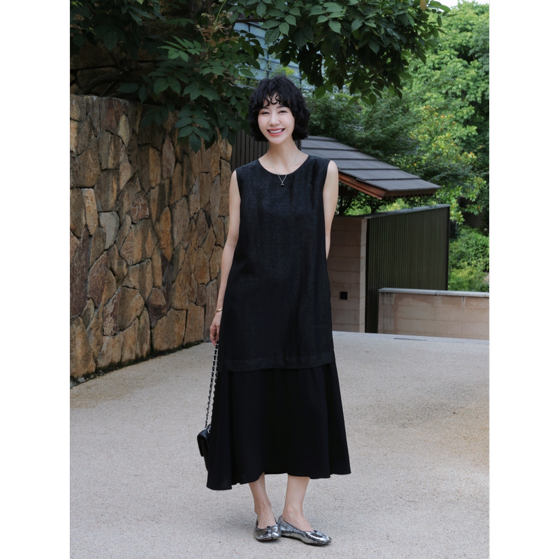 Tt Designer [Mottang] Xiangyunsha Sleeveless Dress for Women, Summer Black Cracked Pattern Patchwork Tank Long Dress