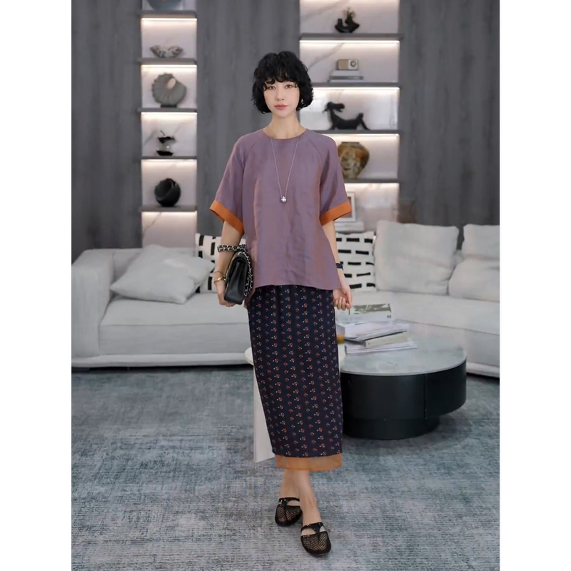 Tt Designer [Sunset] Hand-Dyed Two-Tone Pure Linen Shirt with Contrasting Cuffs, Old Money Style Top