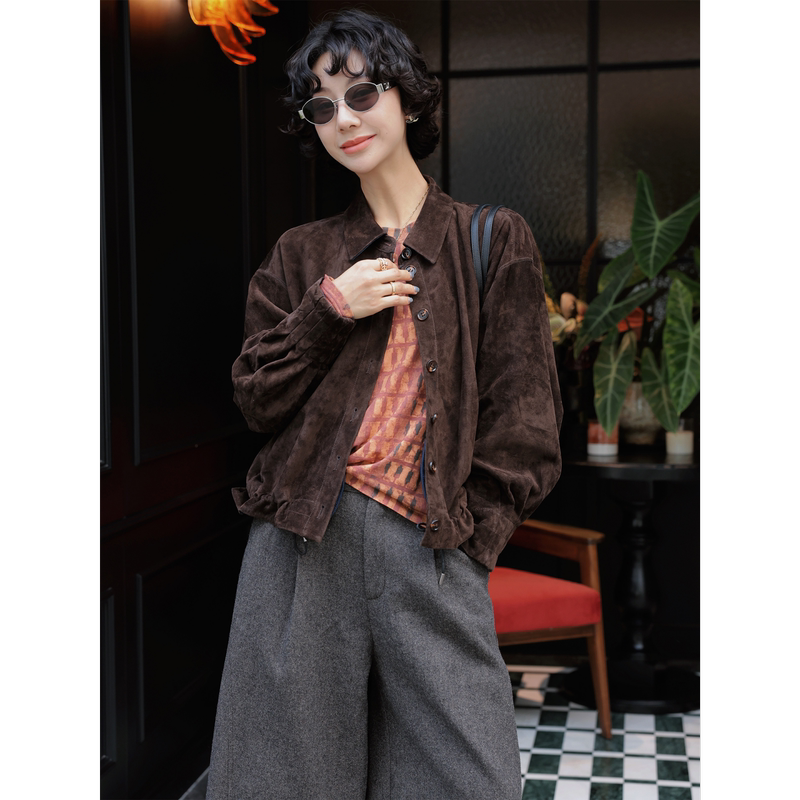Tt Designer [Muyun Poet] 100% Goat Leather Suede Jacket Women's Vintage Dark Brown Lapel Genuine Leather Jacket