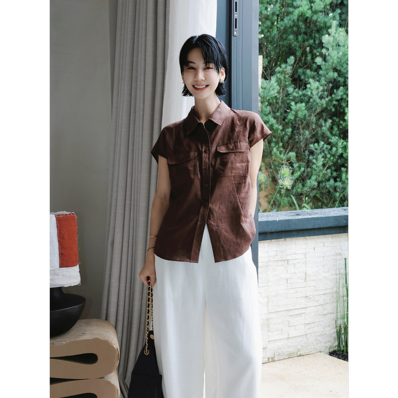 Tt Designer [Urban Elegance] 100% Linen Sleeveless Shirt Vintage Brown Tone Loose Breathable Lapel Top