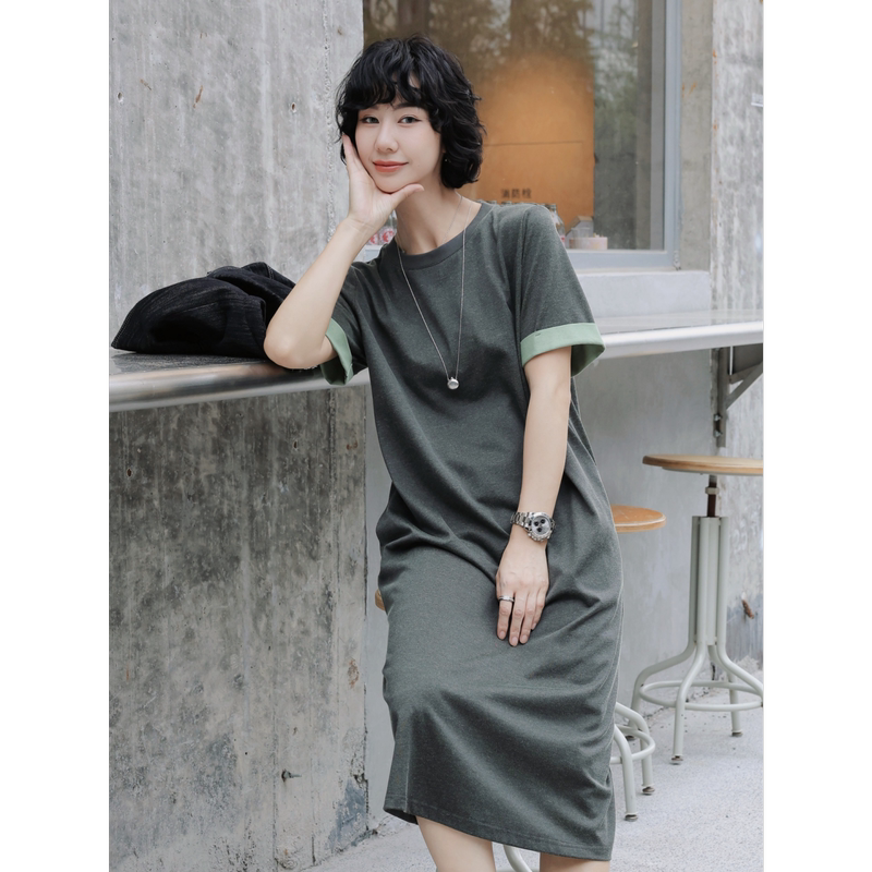 Tt Designer [Changting Exteriors] Simple Color-Block New T-Shirt Dress for Women, Summer Design, Short-Sleeve Straight Dress