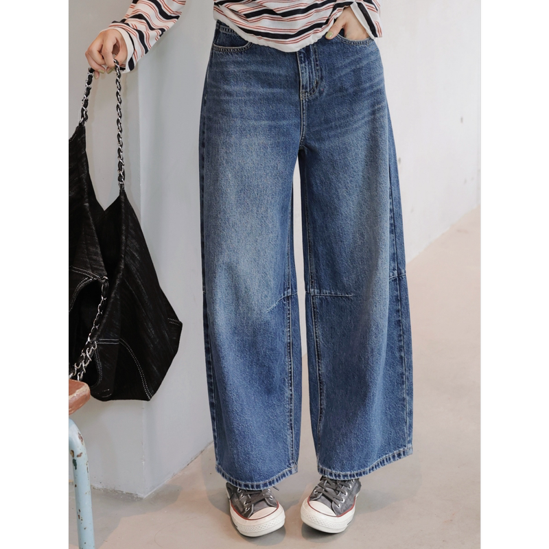 Tt Designer [Blues Sketch] 100% Cotton Casual Chic Cropped Jeans for Women, New Autumn Wide-Leg Pants