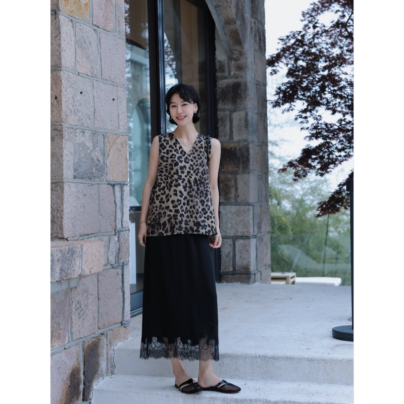 Tt Designer [Trendy Leopard Print] 100% Mulberry Silk V-Neck Leopard Print Tank Top Summer Lightweight Breathable Sleeveless Top