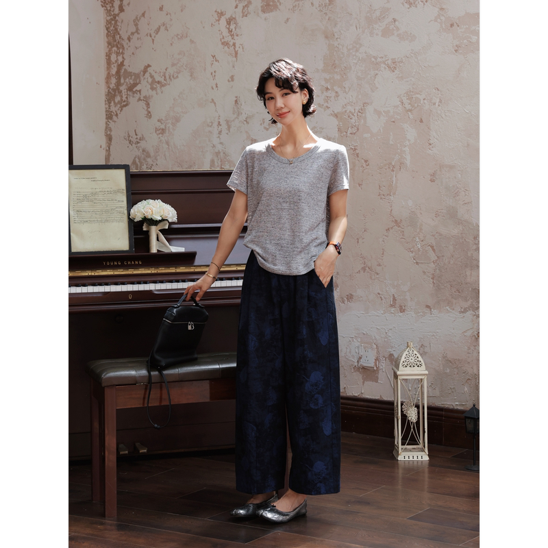 Tt Designer [Firefly Light] Two-Tone Textured Linen T-Shirt for Women, Lazy Style, Large Round Neck, Straight-Cut, Breathable Short Sleeves