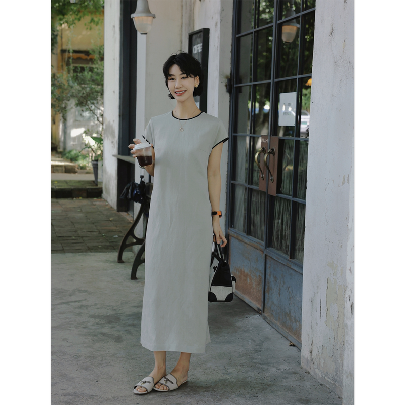 Tt Designer [Lazy and Elegant] High-End Tencel Linen Dress for Women, Light Gray Contrast Color Straight Slit Long Dress