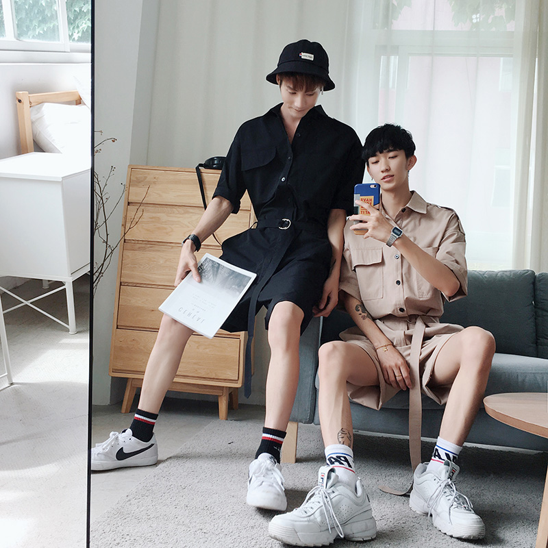 Japanese tooling one-piece shorts ins tide brand men's retro loose short-sleeved one-piece suit bib pants men's suit