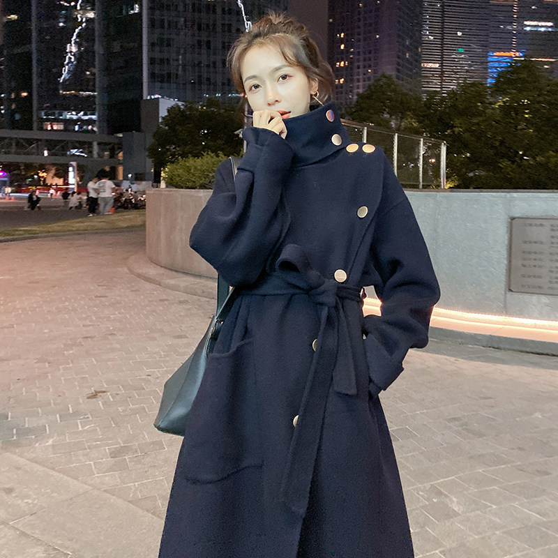 sandro moscoloni2020 autumn winter new small fragrance plus-size plus-size blue dress Blue Lace Coat Tide