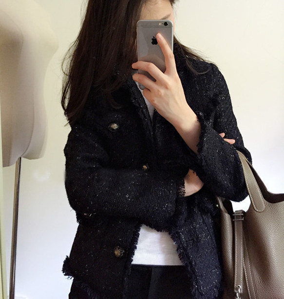 Gu Qiqi GUQIQI Spring and Autumn Small Fragrant Wind Tweed Short Section All-match Temperament Slim Stand-up Collar Jacket